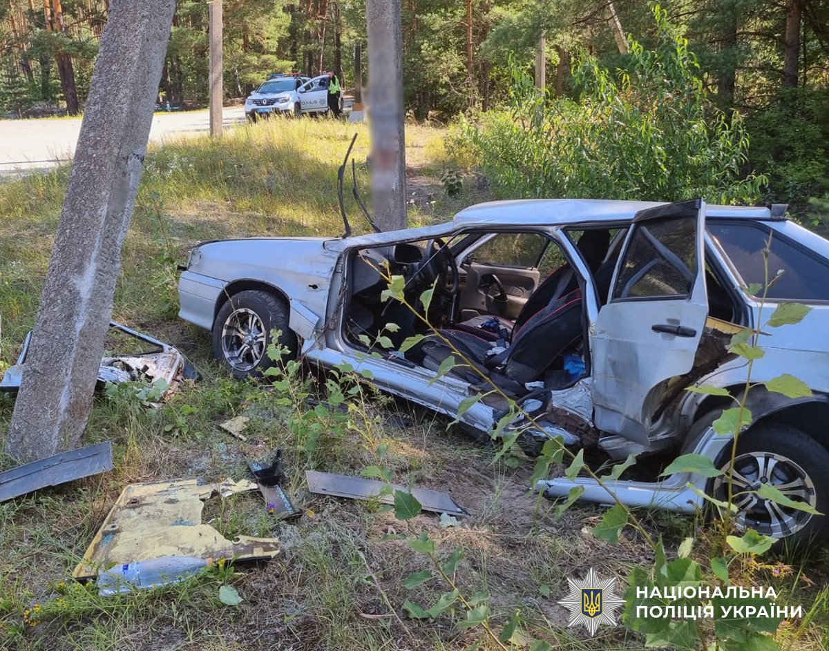 Автомобіль ВАЗ після зіткнення з електроопорою на Малинщині